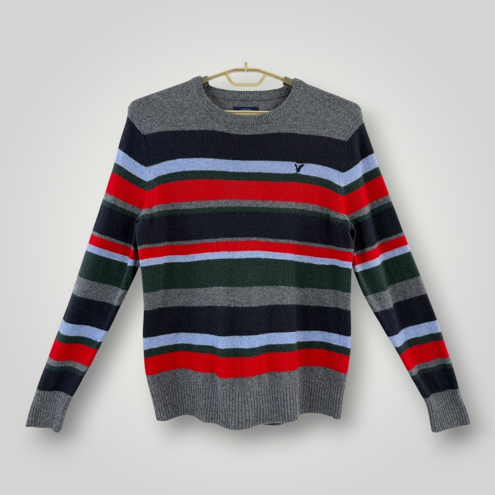 American Eagle Mens Athletic Fit Striped Wool Blend Crewneck Sweater Gray Large